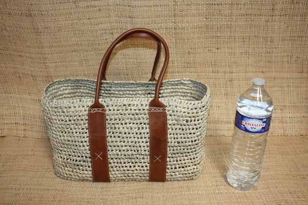 SUPERBE Panier en palmier - Anses Longues et contour cuir - Sac paille cabas osier rotin idéal courses, plage, marchés ...