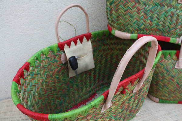 Cabas à courses tressé de Madagascar - Panier Sac Rouge & Vert - Artisanal - 3 tailles au choix -