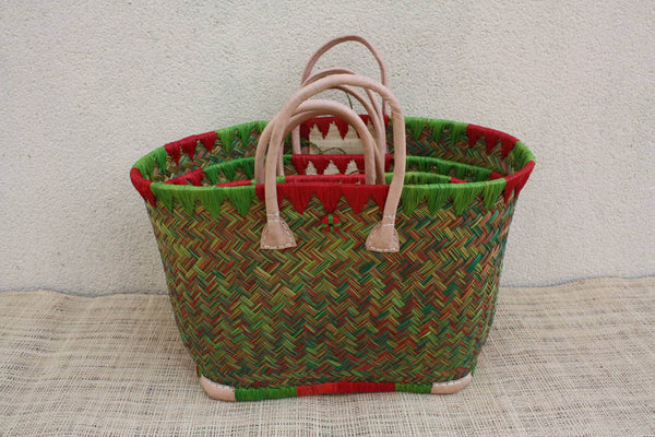 Cabas à courses tressé de Madagascar - Panier Sac Rouge & Vert - Artisanal - 3 tailles au choix -