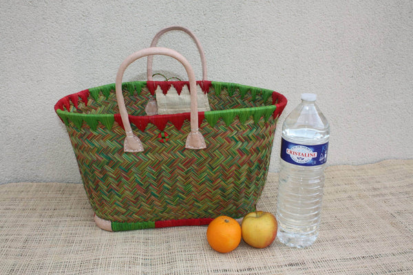 Cabas à courses tressé de Madagascar - Panier Sac Rouge & Vert - Artisanal - 3 tailles au choix -
