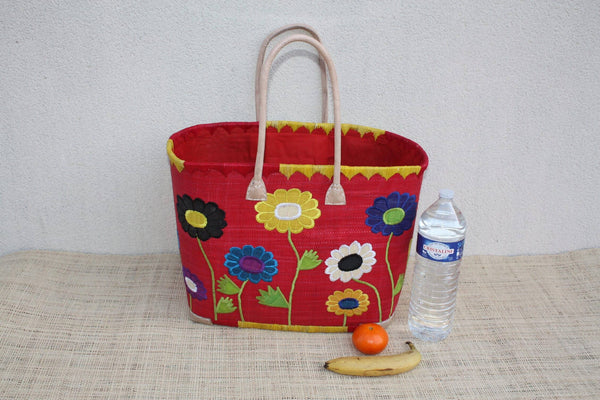Panier brodé fleurs fait main – Cabas raphia artisanal ROUGE avec pochon – Sac marché bohème plage avec anses cuir