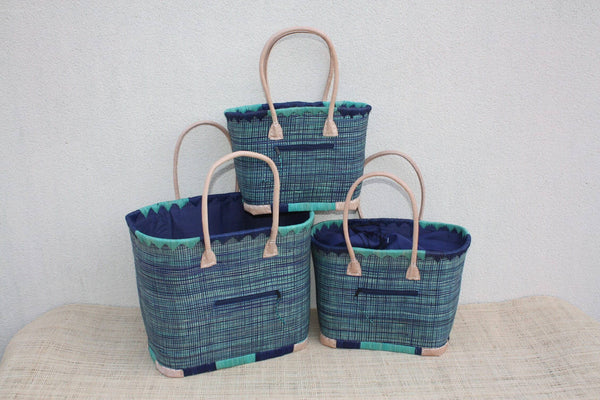 panier cabas bleu turquoise artisanal 3 tailles au choix