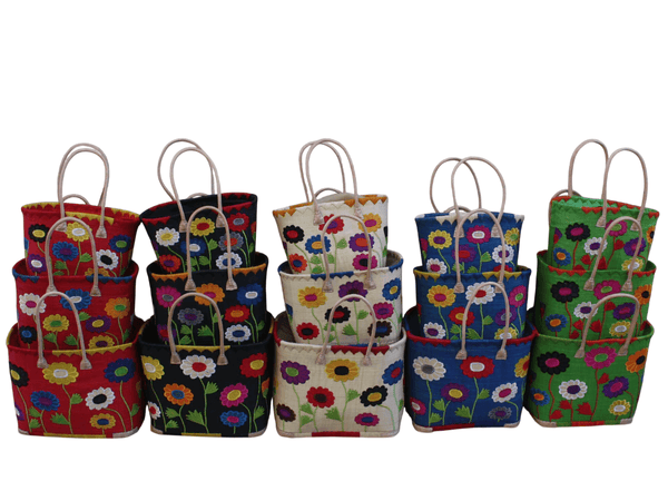 Sac cabas artisanal en raphia – Tressé à la main Panier brodé fleurs – Sac plage, marché, bohème