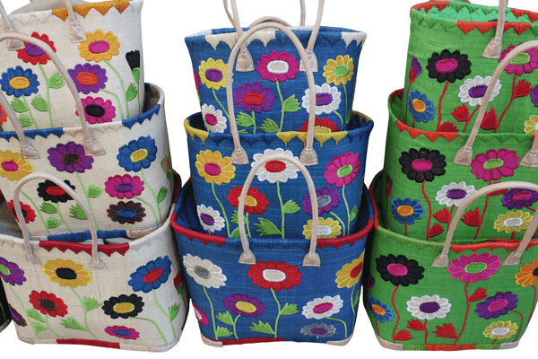 Sac cabas artisanal en raphia – Tressé à la main Panier brodé fleurs – Sac plage, marché, bohème