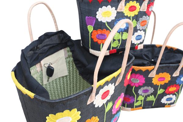 Sac cabas artisanal en raphia – Tressé à la main Panier brodé fleurs – Sac plage, marché, bohème