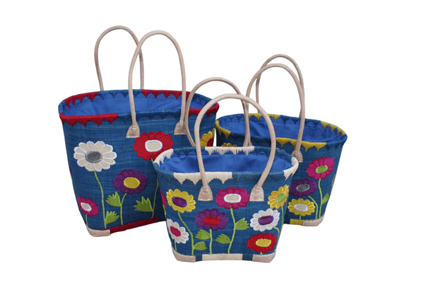 Sac cabas artisanal en raphia – Tressé à la main Panier brodé fleurs – Sac plage, marché, bohème
