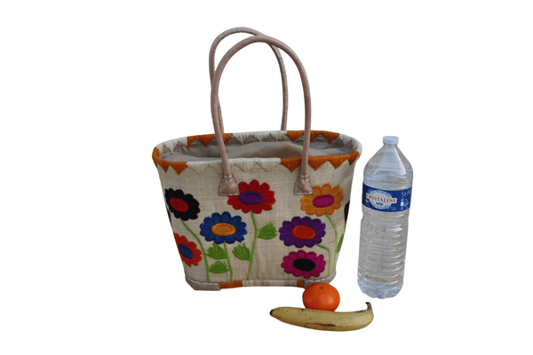 Sac cabas artisanal en raphia – Tressé à la main Panier brodé fleurs – Sac plage, marché, bohème