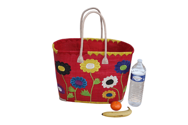 Sac cabas artisanal en raphia – Tressé à la main Panier brodé fleurs – Sac plage, marché, bohème