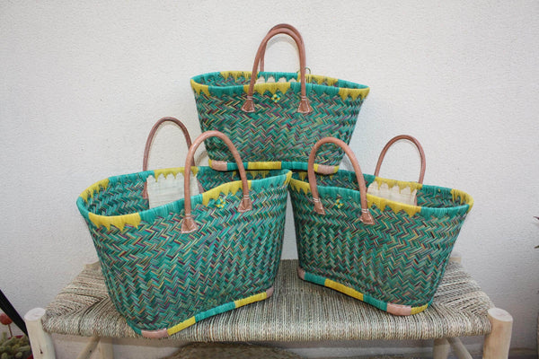Panier de courses de Madagascar - Turquoise & Jaune - Sac Cabas tressé Artisanal osier rotin paille - 3 tailles au choix -