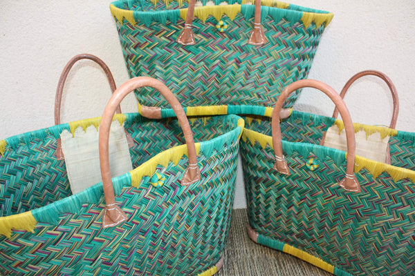 Panier de courses de Madagascar - Turquoise & Jaune - Sac Cabas tressé Artisanal osier rotin paille - 3 tailles au choix -
