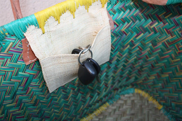 Panier de courses de Madagascar - Turquoise & Jaune - Sac Cabas tressé Artisanal osier rotin paille - 3 tailles au choix -