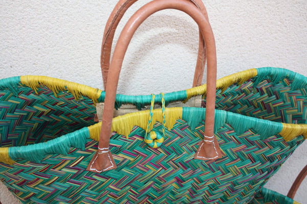 Panier de courses de Madagascar - Turquoise & Jaune - Sac Cabas tressé Artisanal osier rotin paille - 3 tailles au choix -
