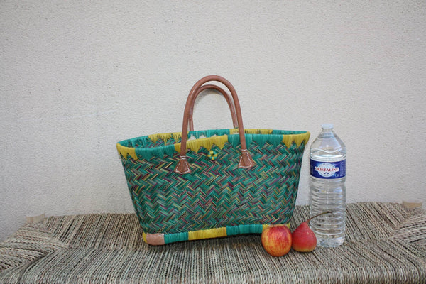 Panier de courses de Madagascar - Turquoise & Jaune - Sac Cabas tressé Artisanal osier rotin paille - 3 tailles au choix -