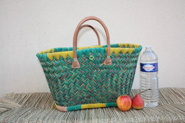 Panier de courses de Madagascar - Turquoise & Jaune - Sac Cabas tressé Artisanal osier rotin paille - 3 tailles au choix -
