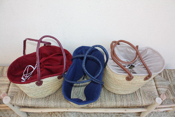 Sac Anses Longues avec tissu pochon - Panier paille Cabas marchés courses plage osier rotin palmier naturel