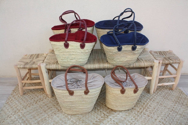 Lot de 2 Paniers à courses avec pochon tissu africain - MOYEN + GRAND XXL - Sac paille Cabas marchés Panier courses plage palmier