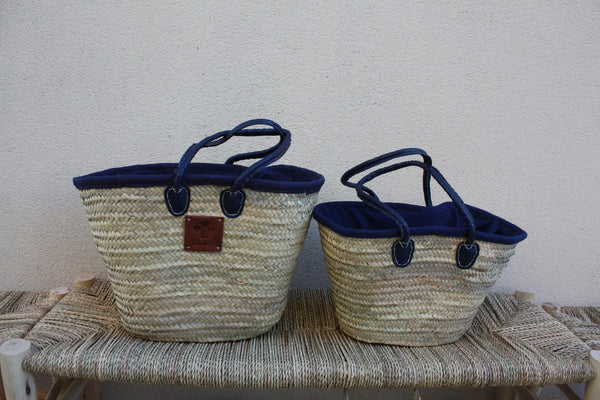 Lot de 2 Paniers à courses avec pochon tissu africain - MOYEN + GRAND XXL - Sac paille Cabas marchés Panier courses plage palmier