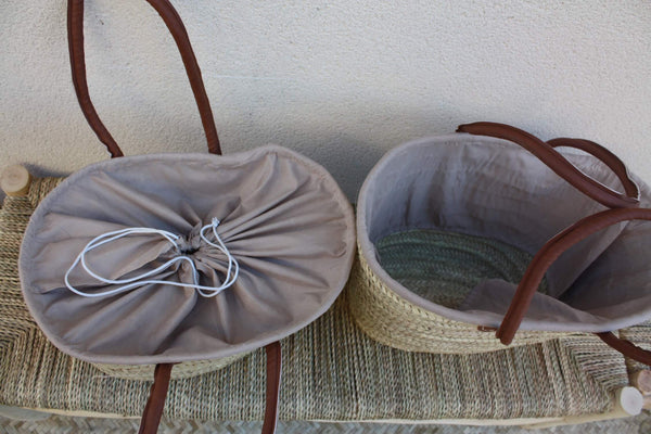 Lot de 2 Paniers à courses avec pochon tissu africain - MOYEN + GRAND XXL - Sac paille Cabas marchés Panier courses plage palmier