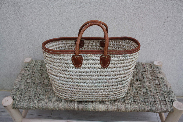 Grand Panier à courses Ovale - Sac Plage Cabas courses marchés - Tressé en Palmier Blanc