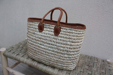 Grand Panier à courses Ovale - Sac Plage Cabas courses marchés - Tressé en Palmier Blanc