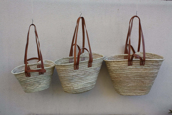 PANIER DOUBLES Anses Courtes + Longues en Cuir - Sac paille Cabas marchés courses plage osier rotin naturel - 3 TAILLES au Choix -