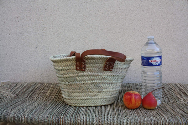 PANIER DOUBLES Anses Courtes + Longues en Cuir - Sac paille Cabas marchés courses plage osier rotin naturel - 3 TAILLES au Choix -