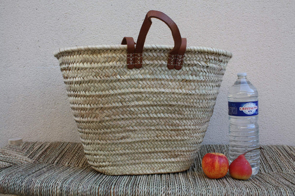 PANIER DOUBLES Anses Courtes + Longues en Cuir - Sac paille Cabas marchés courses plage osier rotin naturel - 3 TAILLES au Choix -