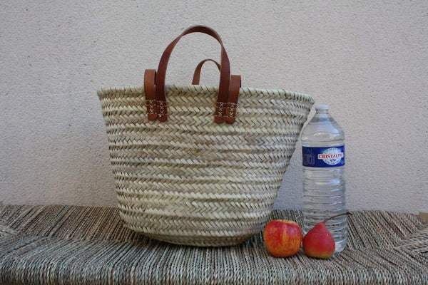 PANIER DOUBLES Anses Courtes + Longues en Cuir - Sac paille Cabas marchés courses plage osier rotin naturel - 3 TAILLES au Choix -