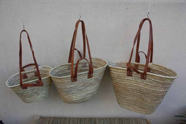PANIER DOUBLES Anses Courtes + Longues en Cuir - Sac paille Cabas marchés courses plage osier rotin naturel - 3 TAILLES au Choix -