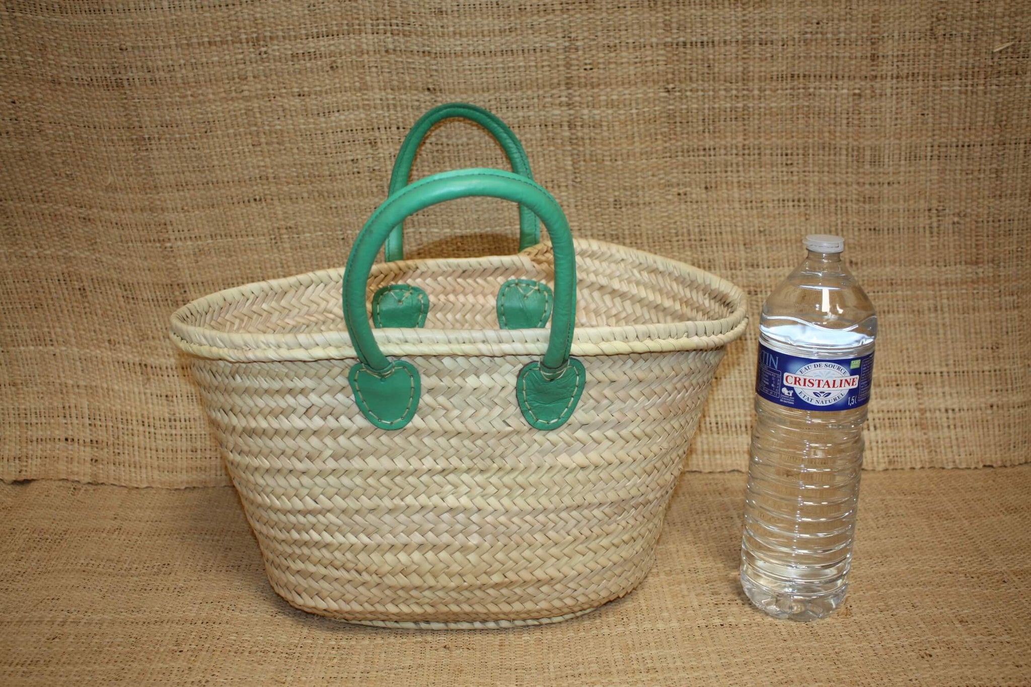 Panier en Rotin pour Courses | Sac en Paille de Plage | Cabas en Osier pour le Marché - Anses Rondes en Cuir : Plusieurs Couleurs Au Choix