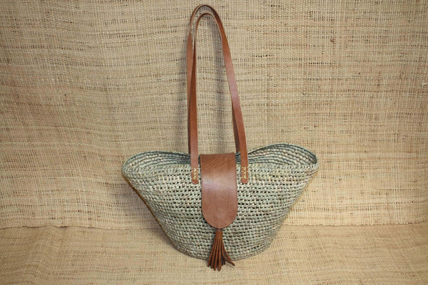 Panier avec Rabat + Anses Longues Cuir Naturel - Sac Paille Plage été Cabas marchés courses