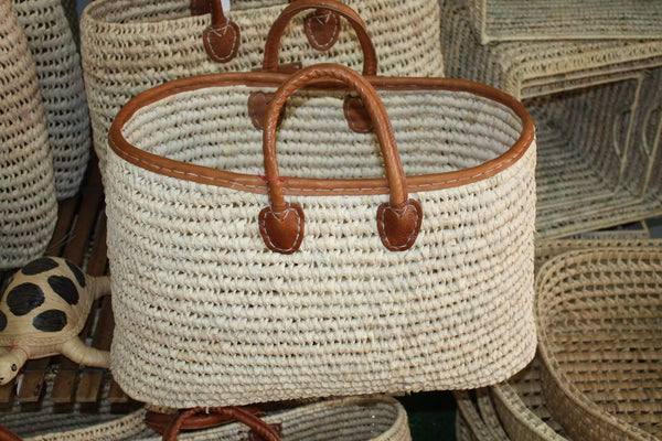 Grand Panier à courses Ovale - Sac Plage Cabas courses marchés - Tressé en Palmier Blanc