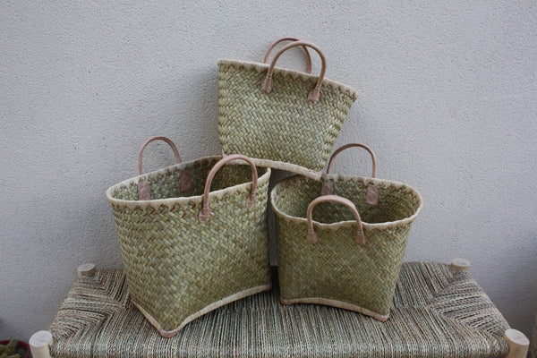 Paniers à courses de Madagascar - Cabas marchés Sac paille plage anses cuir naturel - 3 TAILLES -