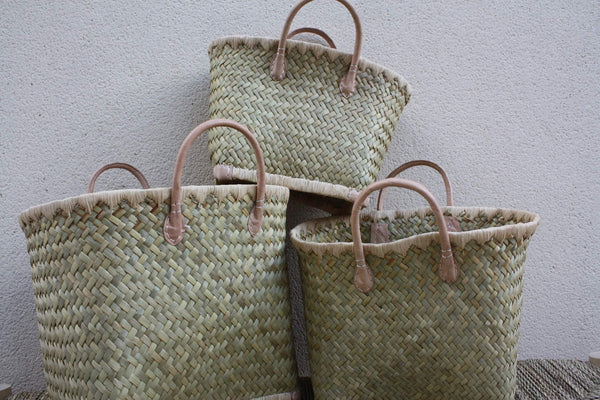 Paniers à courses de Madagascar - Cabas marchés Sac paille plage anses cuir naturel - 3 TAILLES -