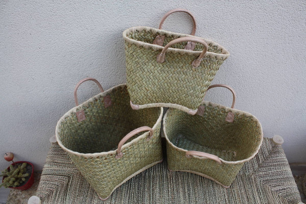 Paniers à courses de Madagascar - Cabas marchés Sac paille plage anses cuir naturel - 3 TAILLES -