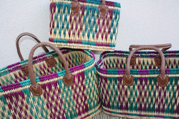 Panier à courses artisanal tressé en jonc à la main - Cabas osier marché - Sac rotin plage - Vert & Fuchsia - 3 Tailles - Marocain berbère