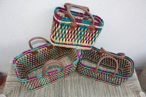 Panier à courses artisanal tressé en jonc à la main - Cabas osier marché - Sac rotin plage - Vert & Fuchsia - 3 Tailles - Marocain berbère