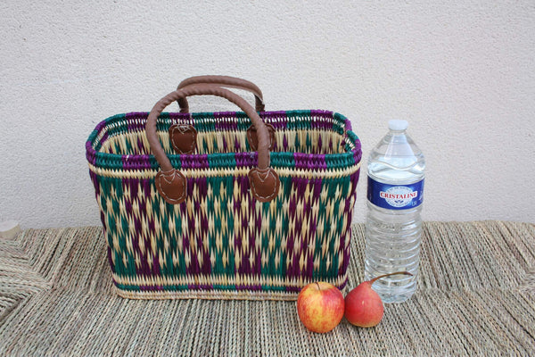 Panier à courses artisanal tressé en jonc à la main - Cabas osier marché - Sac rotin plage - Vert & Fuchsia - 3 Tailles - Marocain berbère