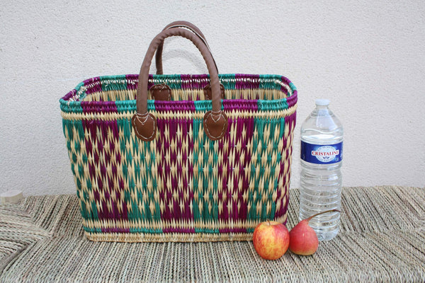 Panier à courses artisanal tressé en jonc à la main - Cabas osier marché - Sac rotin plage - Vert & Fuchsia - 3 Tailles - Marocain berbère