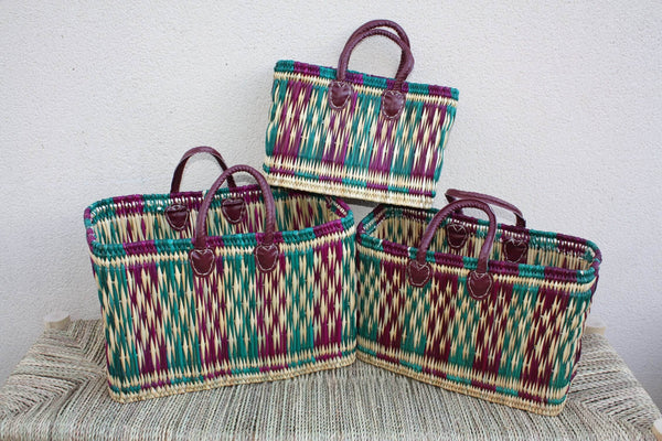 Panier de courses tressé en jonc à la main - Cabas marchés osier sac rotin Bicolore anses Bordeaux - Panier Marocain en 3 Tailles au Choix