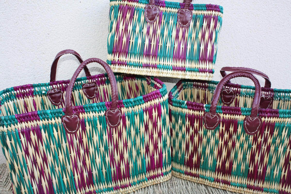 Panier de courses tressé en jonc à la main - Cabas marchés osier sac rotin Bicolore anses Bordeaux - Panier Marocain en 3 Tailles au Choix