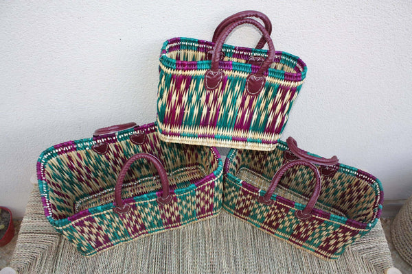 Panier de courses tressé en jonc à la main - Cabas marchés osier sac rotin Bicolore anses Bordeaux - Panier Marocain en 3 Tailles au Choix
