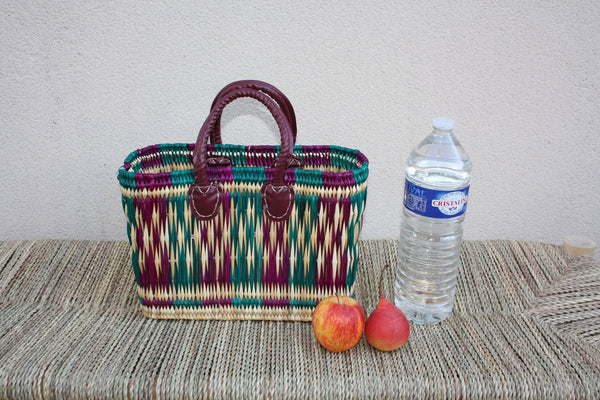 Panier de courses tressé en jonc à la main - Cabas marchés osier sac rotin Bicolore anses Bordeaux - Panier Marocain en 3 Tailles au Choix