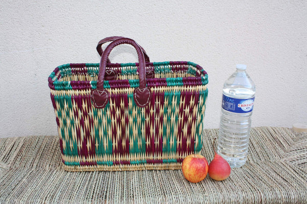 Panier de courses tressé en jonc à la main - Cabas marchés osier sac rotin Bicolore anses Bordeaux - Panier Marocain en 3 Tailles au Choix