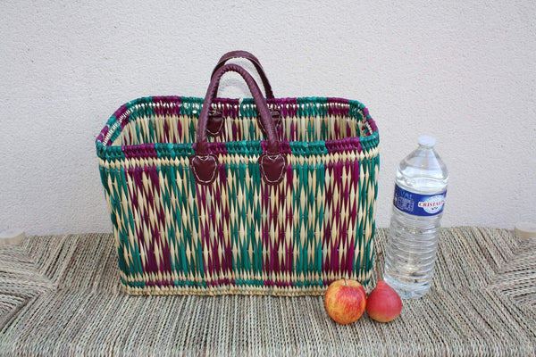 Panier de courses tressé en jonc à la main - Cabas marchés osier sac rotin Bicolore anses Bordeaux - Panier Marocain en 3 Tailles au Choix