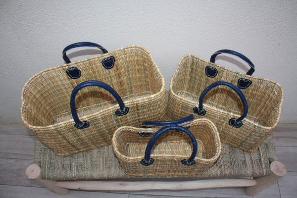 Panier à courses Naturel & Bleu - Fait Main en Jonc - Sac marchés osier rotin - Cabas Marocain - 3 Tailles