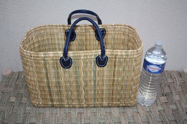 Panier à courses Naturel & Bleu - Fait Main en Jonc - Sac marchés osier rotin - Cabas Marocain - 3 Tailles