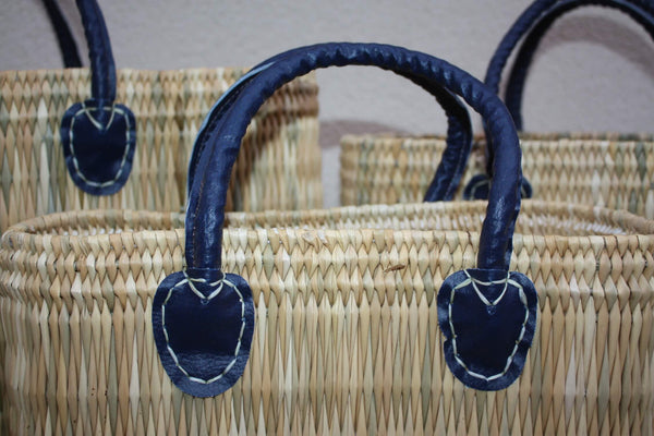 Panier à courses Naturel & Bleu - Fait Main en Jonc - Sac marchés osier rotin - Cabas Marocain - 3 Tailles