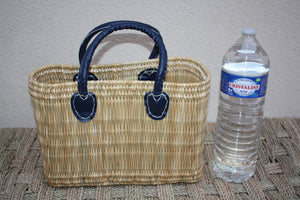 Panier à courses Naturel & Bleu - Fait Main en Jonc - Sac marchés osier rotin - Cabas Marocain - 3 Tailles