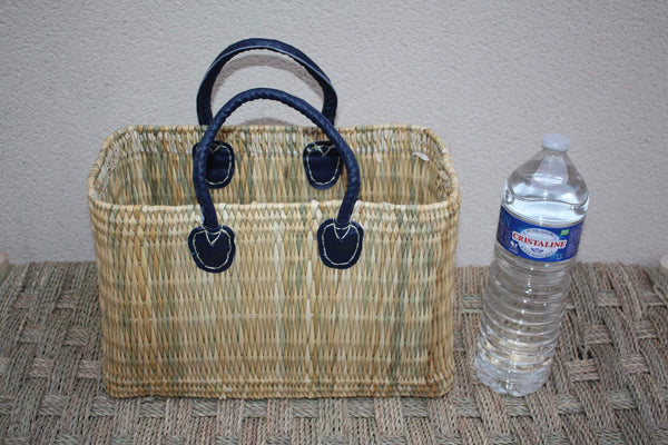 Panier à courses Naturel & Bleu - Fait Main en Jonc - Sac marchés osier rotin - Cabas Marocain - 3 Tailles